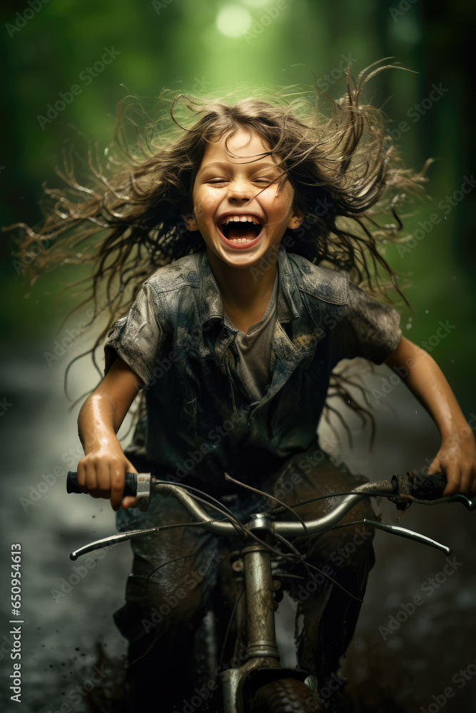 Happy Laughing Girl Riding a Bicycle