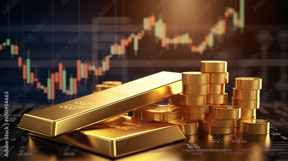 gold bar chart - forex trading concept - gold prices going up and down, gold coins and biscuit stack on a table gold bar chart - forex trading concept - gold prices going up and down, gold coins and biscuit stack on a table