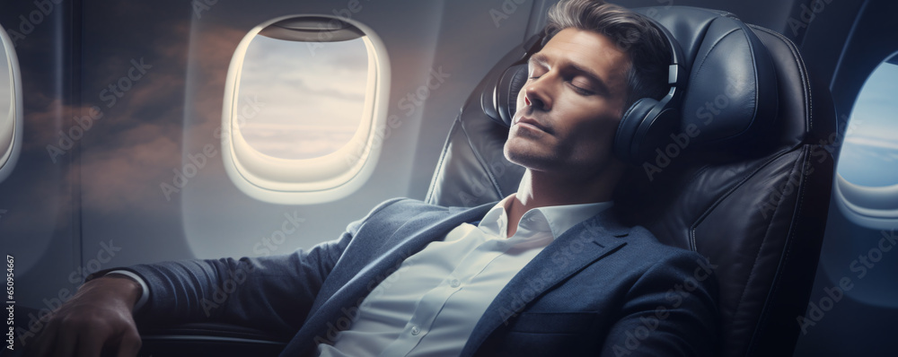 business man sleeping in the airplane window , business class seat on a ...