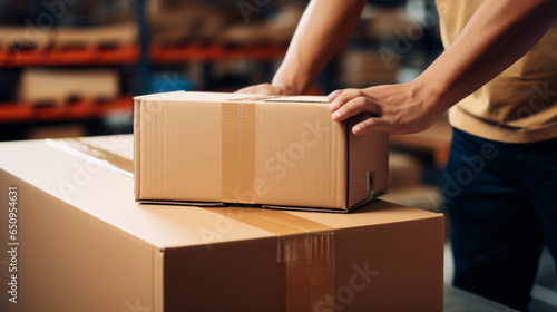 persons hand moving boxes in warehouse, male hands packing a carton - moving into a house