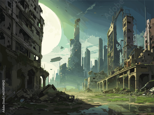 Visualize an intricate vector-style illustration of a post-apocalyptic cityscape, with towering ruins half-buried in sand, shattered windows reflecting a sickly green moonlight, and mutant flora