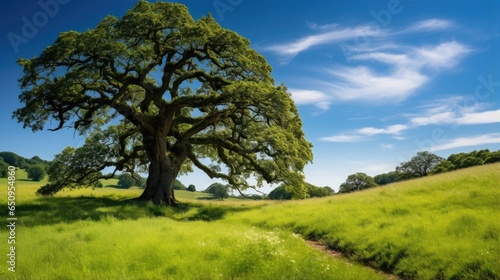 Meadow at summertime and an old  big oak standing in the middle