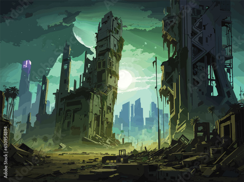 Visualize an intricate vector-style illustration of a post-apocalyptic cityscape, with towering ruins half-buried in sand, shattered windows reflecting a sickly green moonlight, and mutant flora