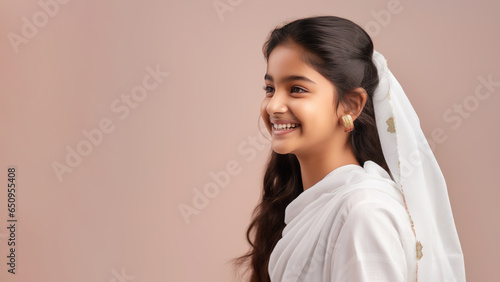 Indian girl in white sari traditional cloth smile, diwali celebration