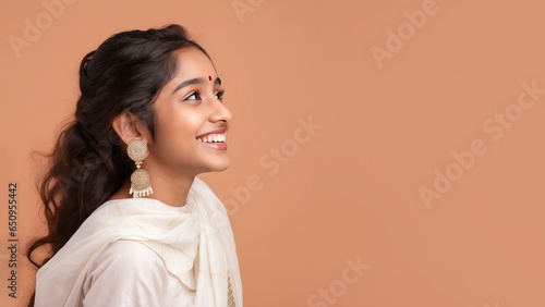 Indian woman in white sari traditional cloth smile, diwali celebration