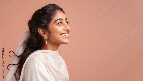 Indian woman in white sari traditional cloth smile, diwali celebration