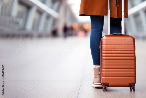 A woman stands next to a brown suitcase at the airport, travel concept