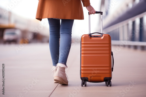 A woman stands next to a brown suitcase at the airport, travel concept