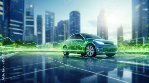 EV car in futuristic vehicle concept. Electric car charging station and battery level icon. Future transportation. 
