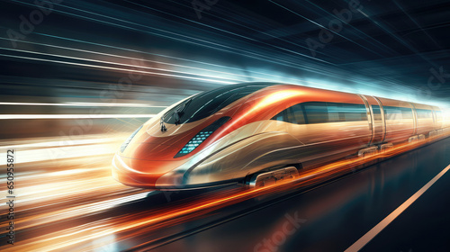 high speed train in motion on the railway stasion at sunset. Fast moving modern passenger train on raiway platform. Railroad with motion blur effect. Commercial transportation. Front view. Concept