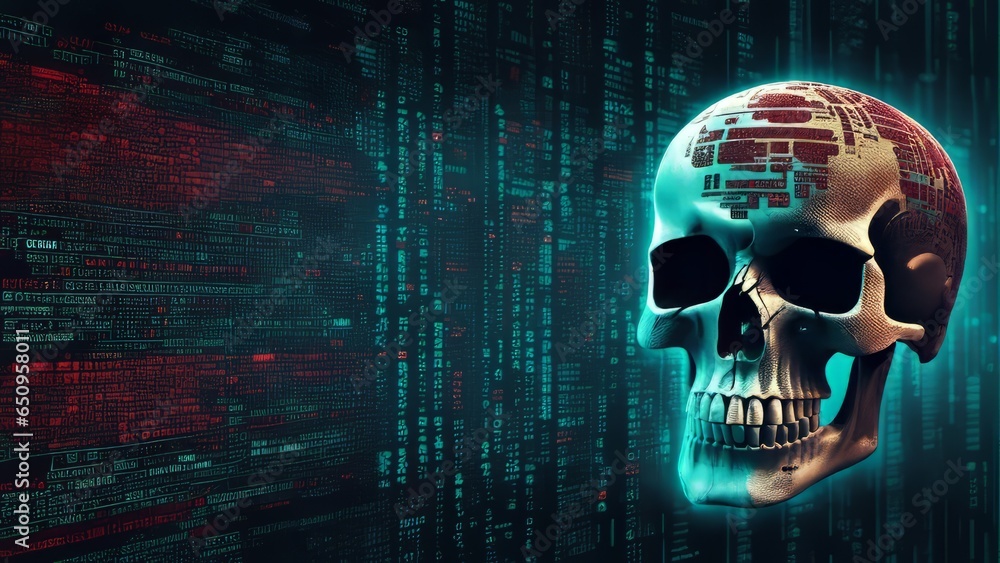 Computer code on a screen with a skull representing a computer virus & malware attack Computer code on a screen with a skull representing a computer virus & malware attack