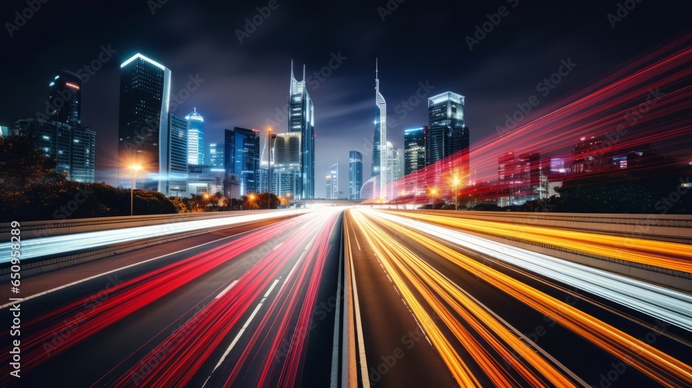 Mesmerizing Long-Exposure Image, Nighttime Highway Illuminated in a Blur