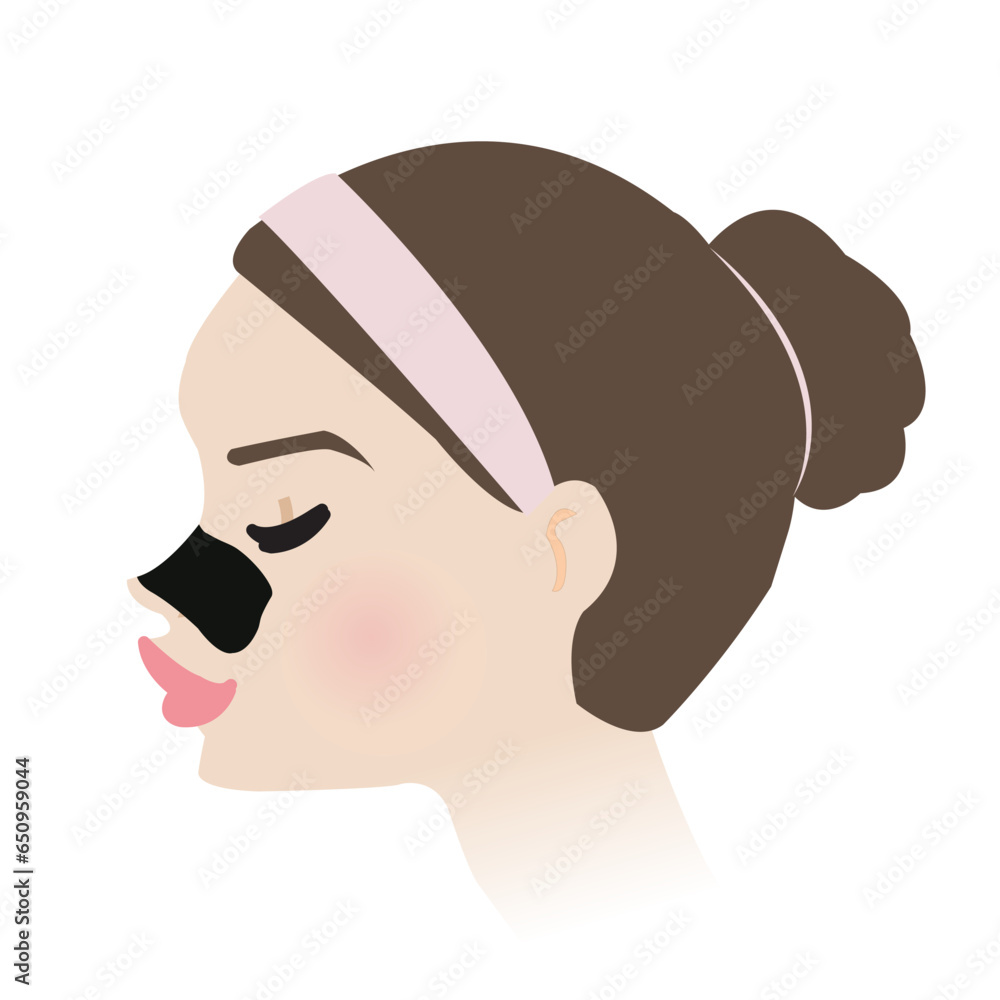 Cute Woman With Black Charcoal Pore Strip On Nose Side View Vector 