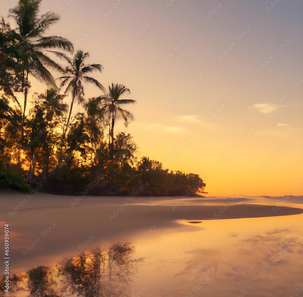 Tropical beach at sunset with palm trees and water 