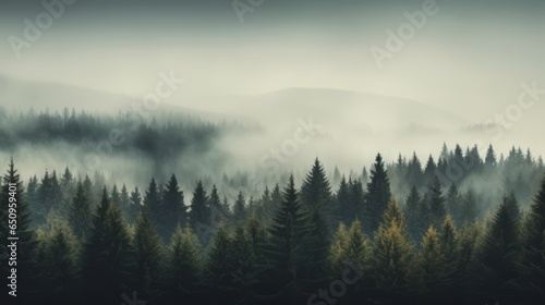 Timeless Beauty: Vintage Nostalgia Style Fir Forest Misty Landscape © danter