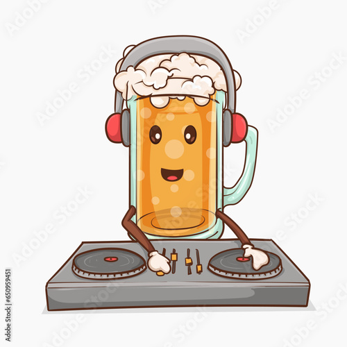 beer glass with kawaii cute face mascot dj playing turn table vector illustration