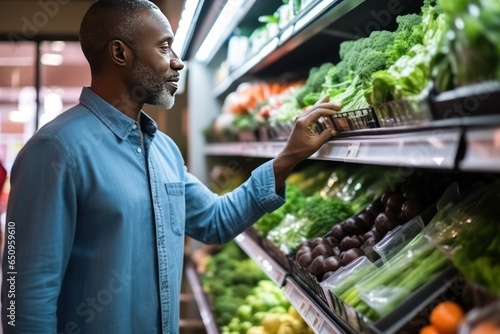 Mature African American man shopping in grocery store. Side view choosing fresh fruits and vegetables in supermarket. Shopping concept. Format photo 3:2.