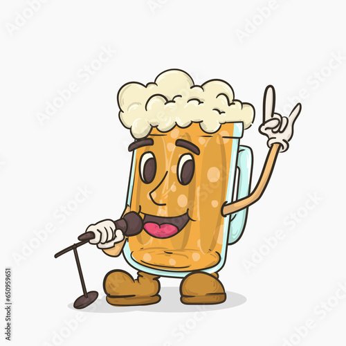 beer glass with face mascot holding micropohone for karaoke perty or music performer vector illustration