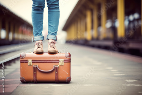 A woman standing on a leather suitcase of a train station photo
