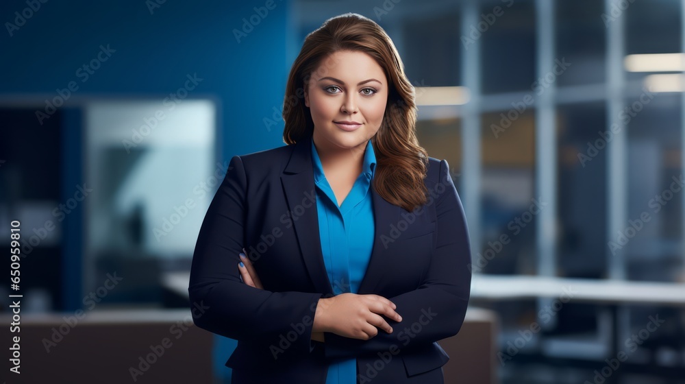 Breaking Barriers: Confident Obese Female CEO in Tailored Suit on Business Blue Background Breaking Barriers: Confident Obese Female CEO in Tailored Suit on Business Blue Background