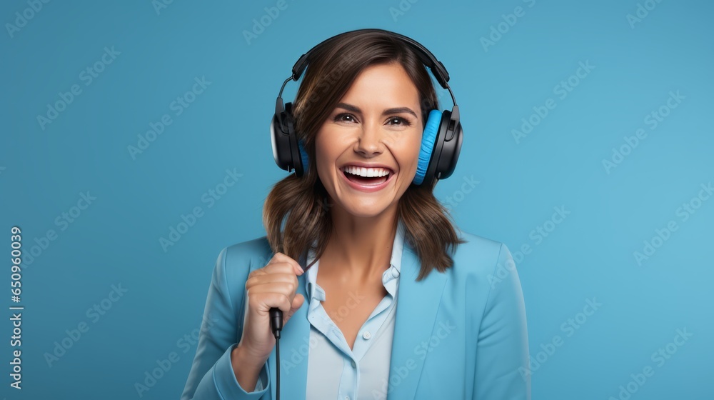 Connecting Through Sound: Engaging Female Radio Host on Blue Background with Microphone and Headphones Connecting Through Sound: Engaging Female Radio Host on Blue Background with Microphone and Headphones