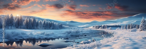 panorama landscape with winter forest, mountains and river at sunset