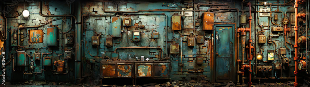 Panorama Of An Old Basement With Sewer Pipes, Electricity Devices And Old Furniture. Illustration On The Theme Of Technical Premises, Fantasy, Engineering And Architecture. Generative AI Panorama Of An Old Basement With Sewer Pipes, Electricity Devices And Old Furniture. Illustration On The Theme Of Technical Premises, Fantasy, Engineering And Architecture. Generative AI