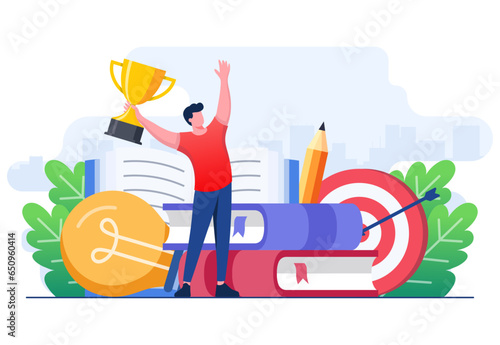  Character successfully completing course, seminar, tutorial, diploma, academic, exam and getting a trophy, University or college test, Prize and appreciation concept, Education, graduation 