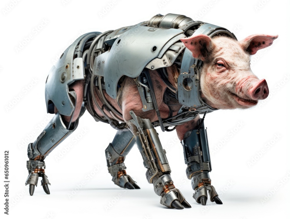 A frightening futuristic killer cyborg pig full body view isolated on white A frightening futuristic killer cyborg pig full body view isolated on white