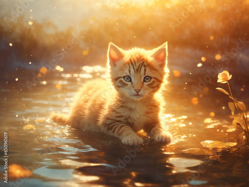 Cute little kitten playing in water at sunset. Nature background. AI-Generated