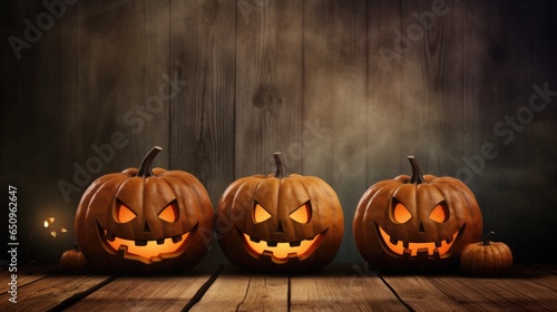 Jack o lantern Halloween. Pumpkins on wooden board. For background.