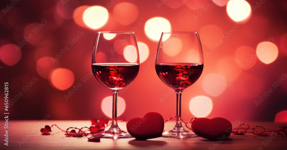 Romantic concept. Two glasses of vine with pink rose petals with bokeh background. Valentine's day banner. Celebration with wine and red rose. Romantic concept. Two glasses of vine with pink rose petals with bokeh background. Valentine's day banner. Celebration with wine and red rose.