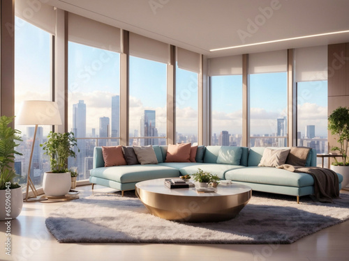 The living room in the big painthouse with big windows and sky buildings view with the natural light. 