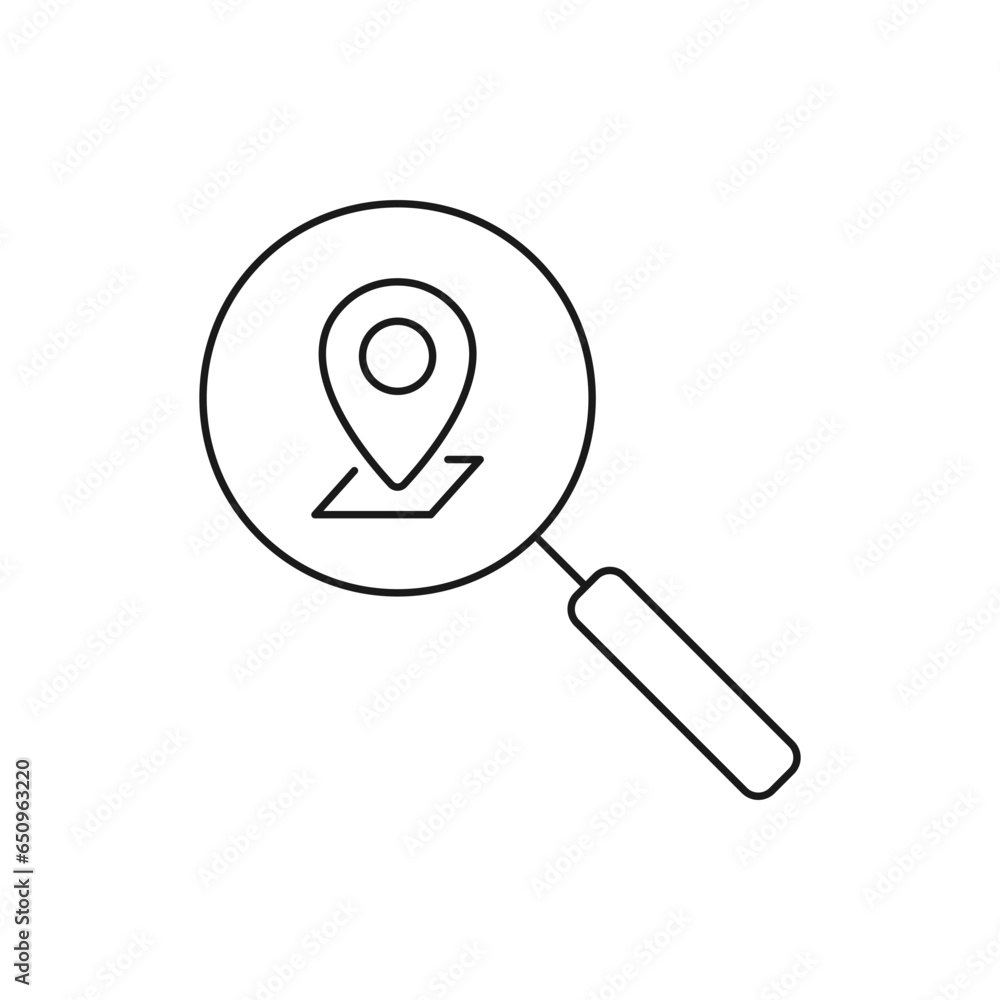 Search location. Maps pin with magnifier icon line style isolated on white background. Vector illustration Search location. Maps pin with magnifier icon line style isolated on white background. Vector illustration