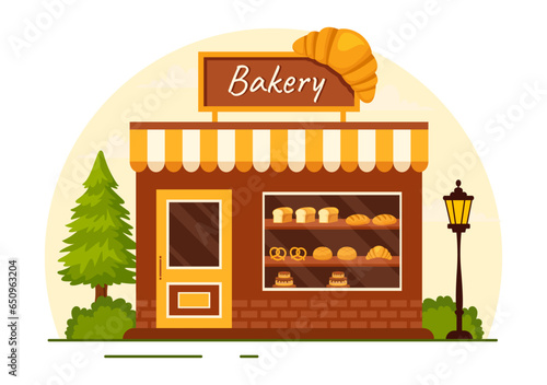 Bakery Store Vector Illustration with Various Types of Bread Products for Sale and Shop Interior in Flat Cartoon Background Design Template