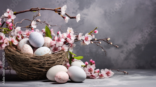 Wicker basket with Easter eggs and flowers on a gray grunge background