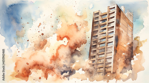 倒壊するビルの水彩イラスト photo