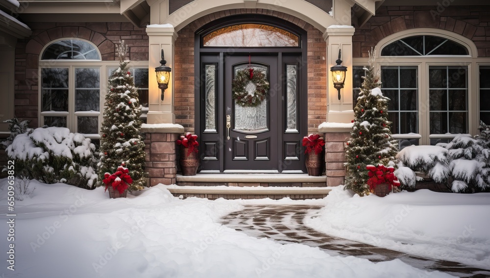 a front door with christmas decorations and snow covered porch a front door with christmas decorations and snow covered porch
