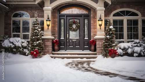 a front door with christmas decorations and snow covered porch © Meow Creations