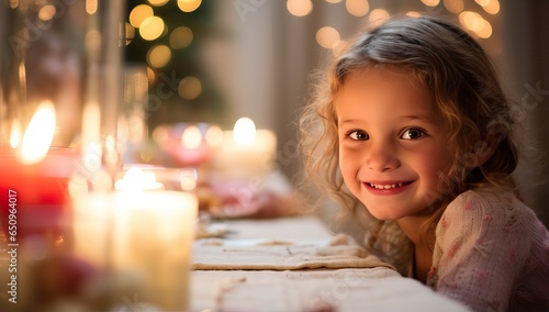 Adorable little girl sitting at the table in front of Christmas tree