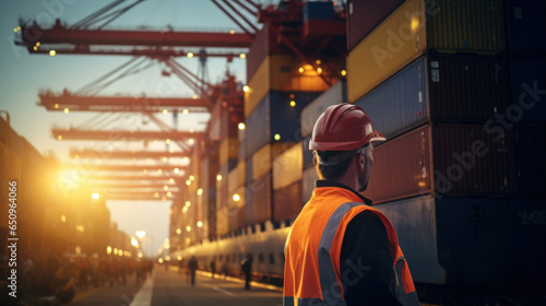 A dockworker at the port looks at the containers