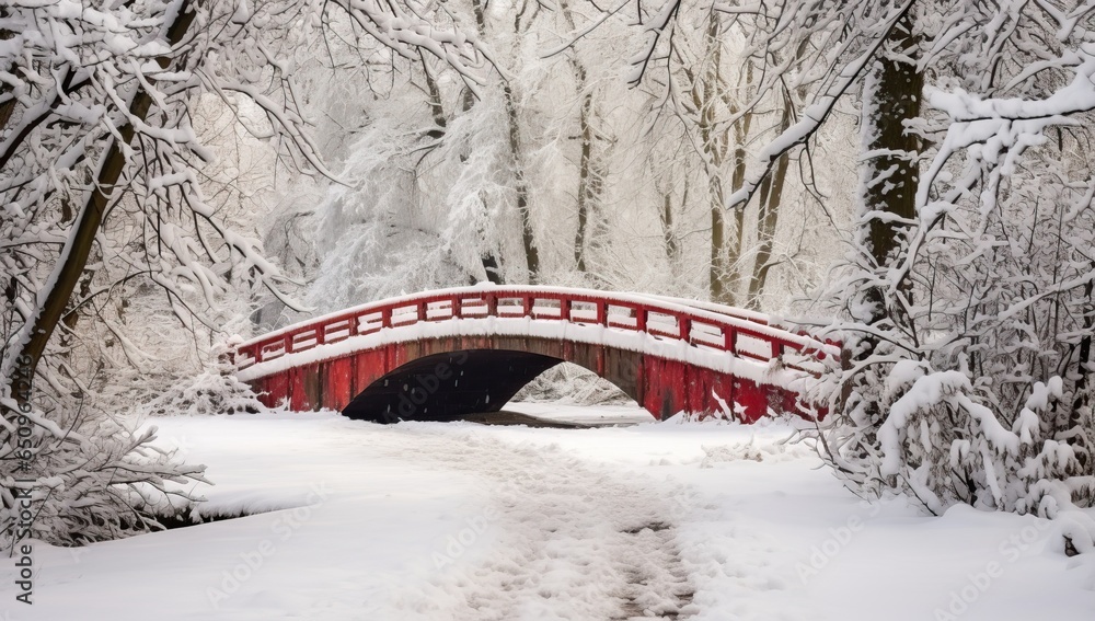 Beautiful winter landscape in the park with a red bridge in the snow