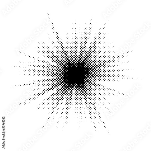 Halftone burst background. Abstract dotted starburst element. Glowing light with grunge textured effect. Pop art style dots explosion. Retro noise grain shine star flare. Pixelated vector illustration