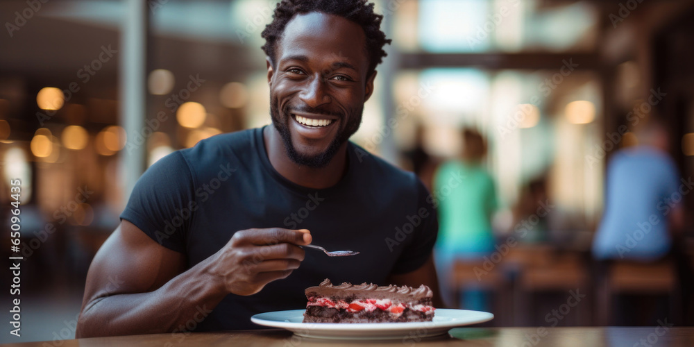 A muscular young African-American man in a cafe eating cake - obrazy, fototapety, plakaty 