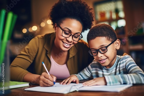 African American mother helping son with homework. Home education concept. They writes down solutions of tasks in her notebook. Format photo 3:2.
