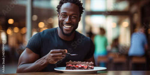 A muscular young African-American man in a cafe eating cake