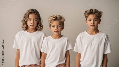 children with beautiful white canvas shirt mockups in matching outfit of pastel colors, with white background. Design t-shirt template, print presentation mockup