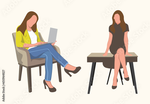 two women sitting on a chair a laptop vector