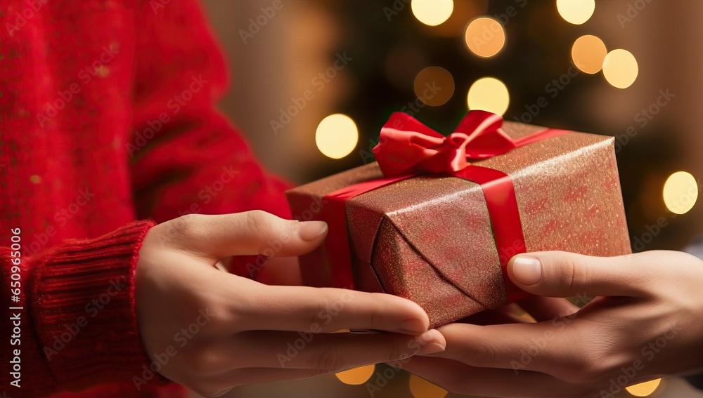 Hands holding a gift box on the background of the Christmas tree