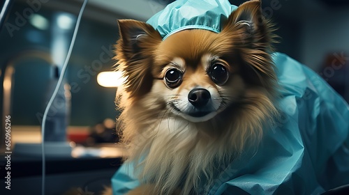 Chihuahua dog in operating clothes in a veterinary clinic. Chek-up pet health